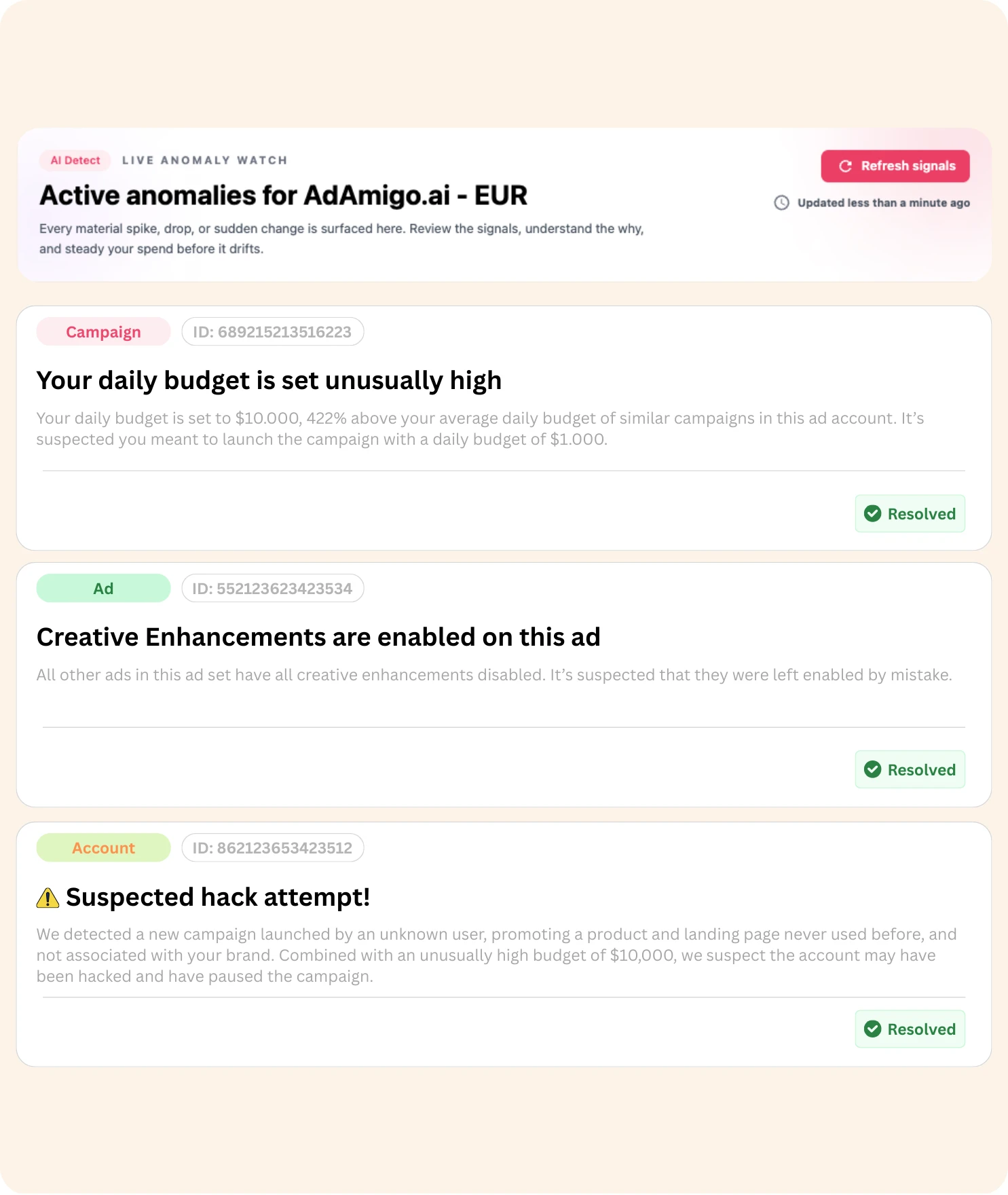 AI Anomaly Detection for Meta ads by AdAmigo.ai