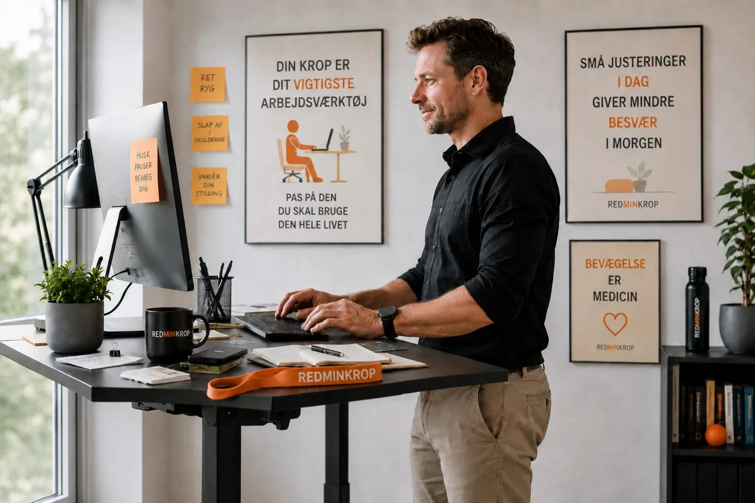 Medarbejder arbejder stående ved hæve-sænkebord med påmindelser om pauser og ergonomi på arbejdspladsen.