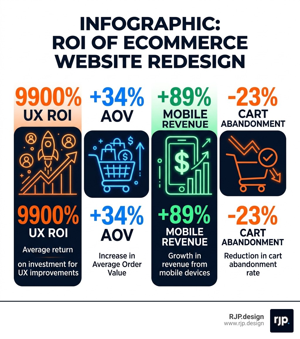 Infographic showing the ROI of ecommerce website redesign: 9900% UX ROI, 34% AOV increase, 89% mobile revenue growth, 23%