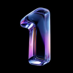3D glass number 1 with iridescent purple blue surface on black background