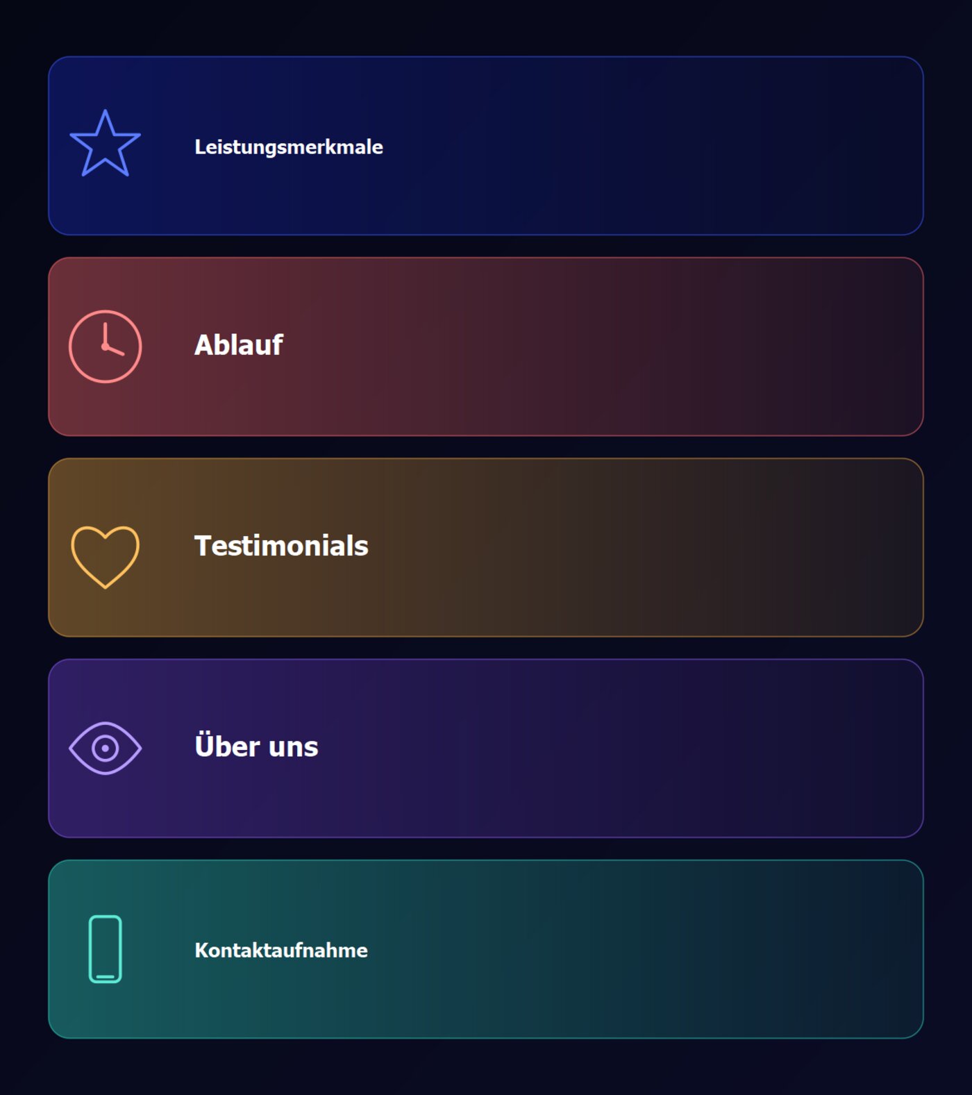 Fünf Karten mit den empfohlenen Website-Sektionen für Catering-Unternehmen