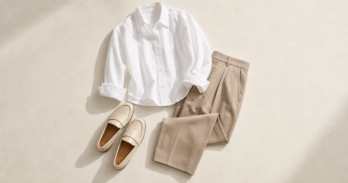 loafers + cropped trousers + white shirt arranged on a warm ivory background