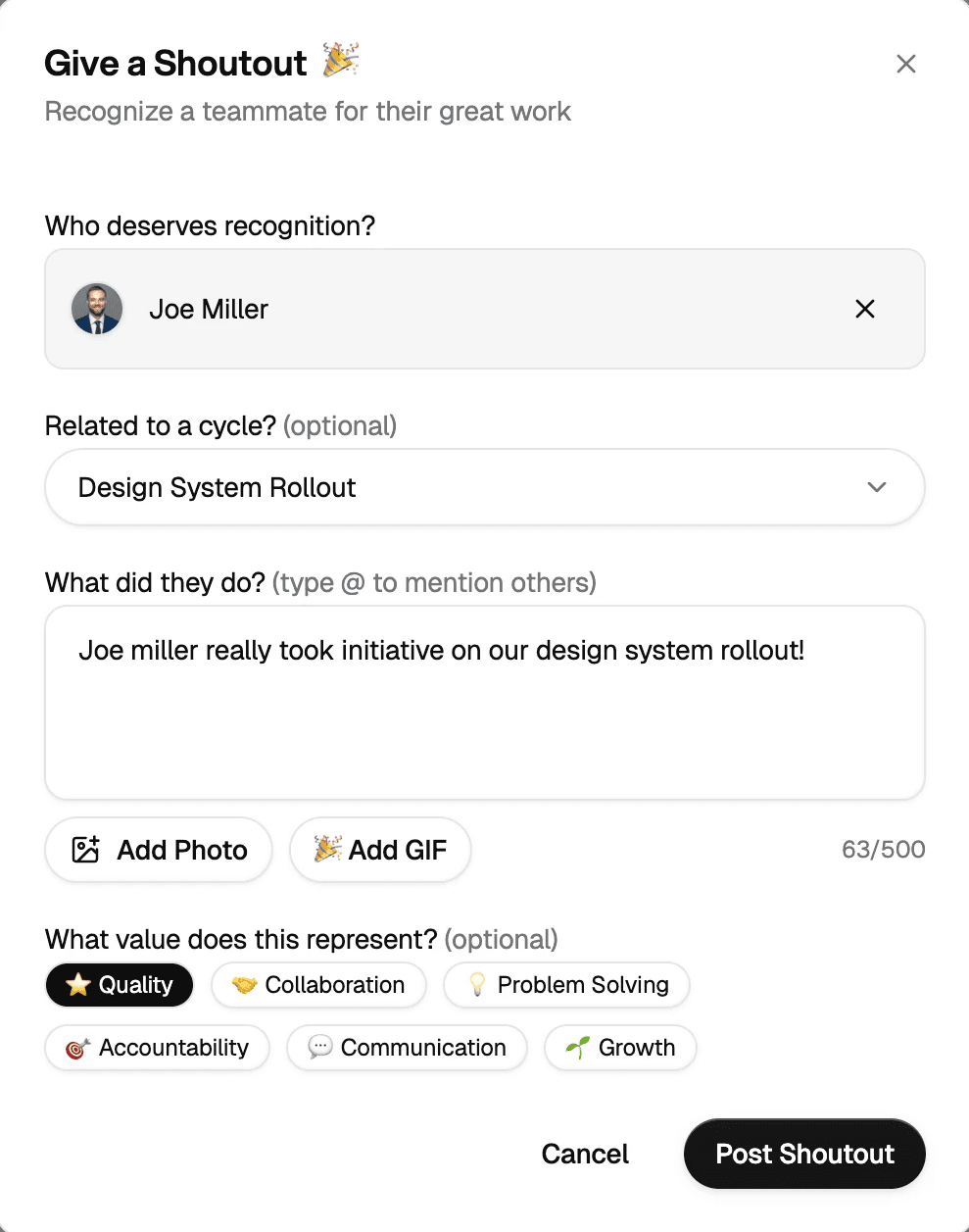 Shoutout form for Joe Miller recognizing Design System Rollout.
