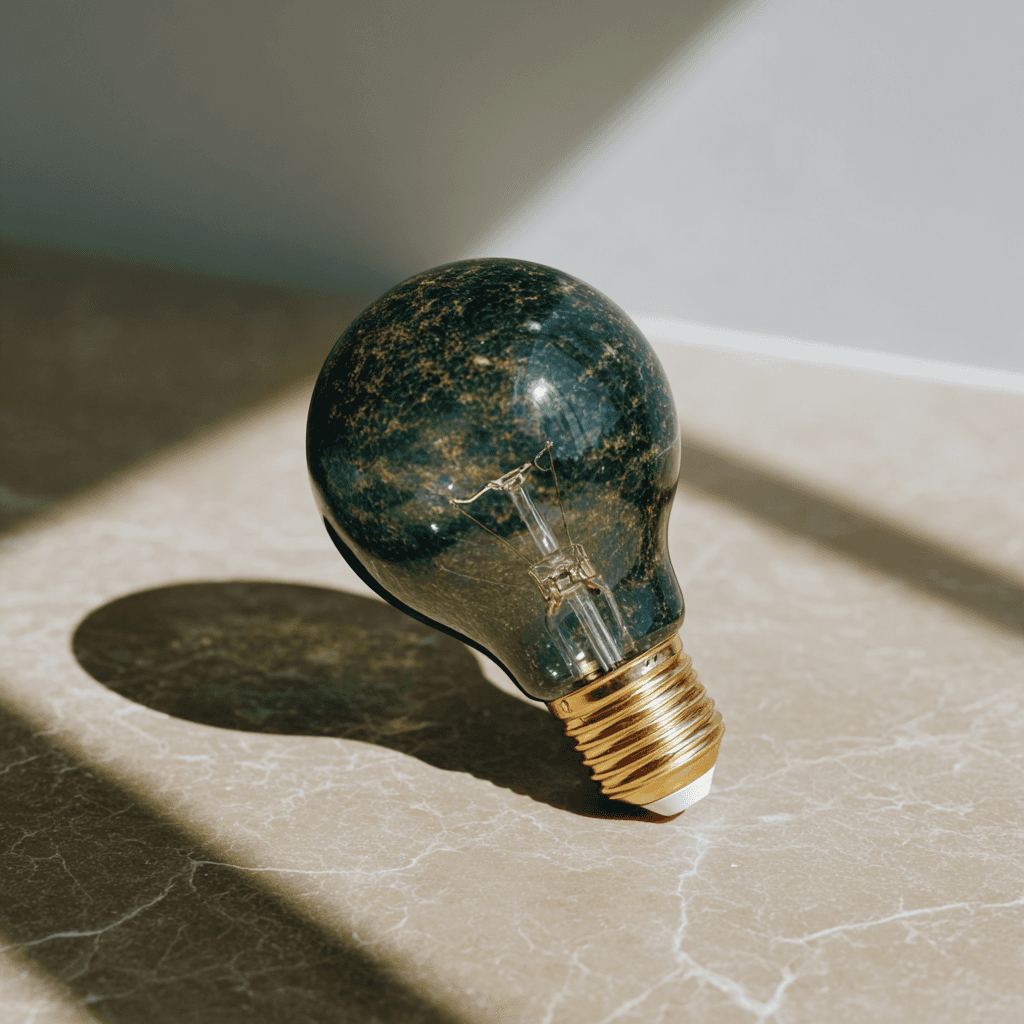 A dark, textured lightbulb with a golden base rests on a light marble surface, symbolizing innovation for a digital product.