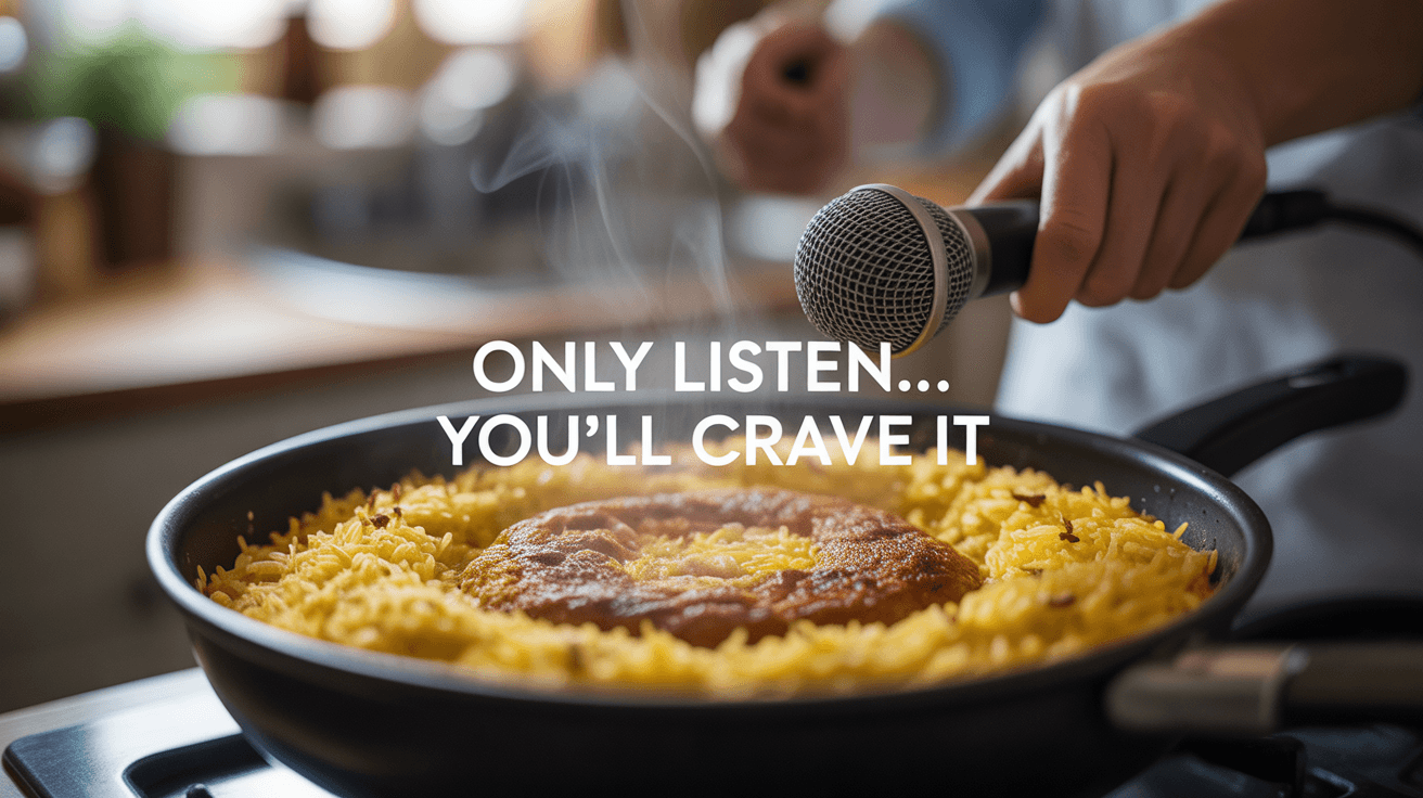 Close up saffron Persian rice with tahdig steam microphone and Only Listen Youll Crave It text