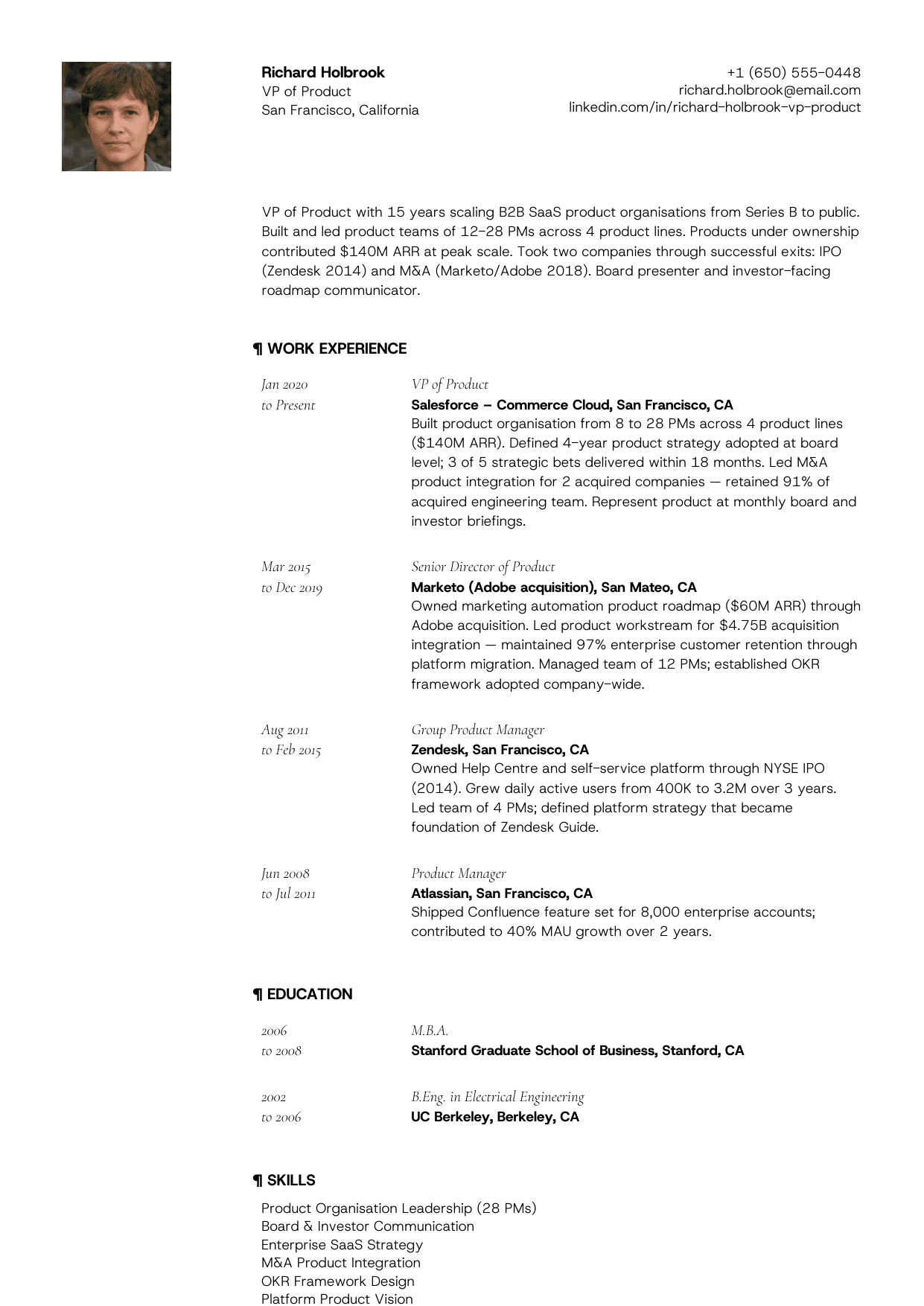 VP of product resume example