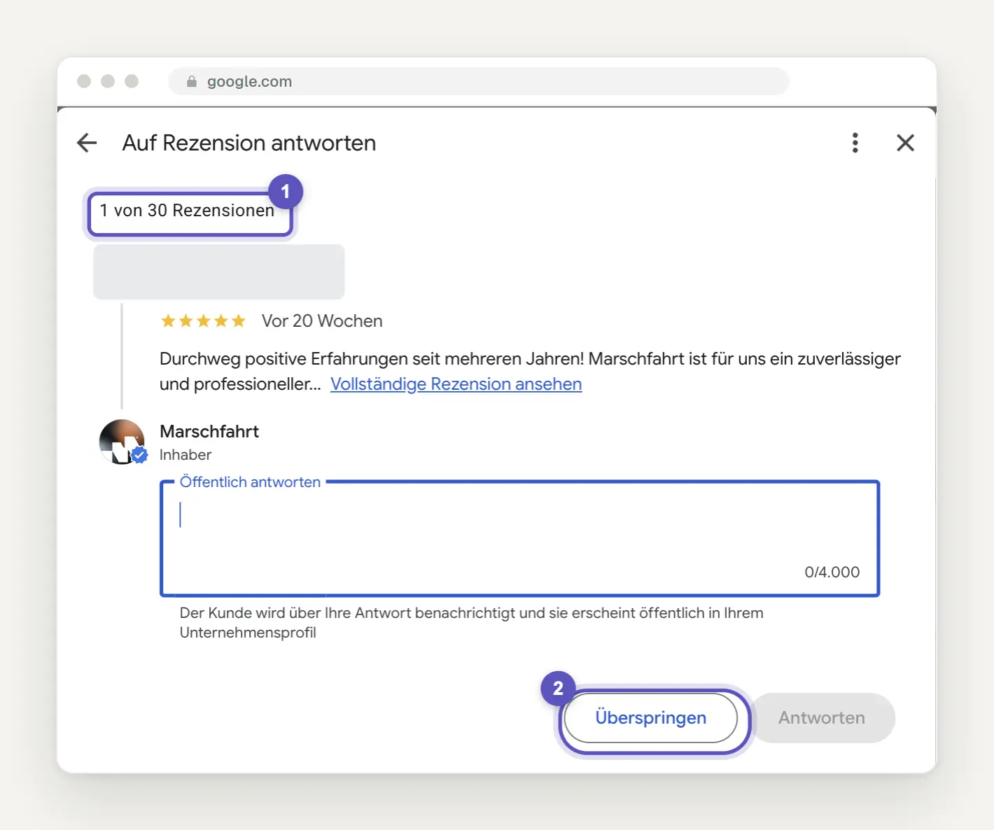 Sammelansicht Auf Rezension antworten im Google-Unternehmensprofil von Marschfahrt mit dem Zähler 1 von 30 Rezensionen, einem Antwortfeld und den Schaltflächen Überspringen und Antworten, Stand 30. September 2026.