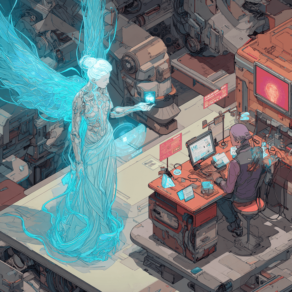 A futuristic digital marketplace scene split into two distinct realms — on the left, a seamless, glowing AI assistant represented as an ethereal, humanoid figure made of flowing data streams, effortlessly guiding a customer with holographic product previews and intuitive gestures. On the right, a clunky, chaotic world of outdated e-commerce — rigid checkout boxes, spinning loading wheels, stressed users tangled in wires, surrounded by error messages and overwhelming popup windows. The environment is highly detailed, cinematic, with contrasting color schemes: soft blues and whites for the AI side, harsh reds and greys for the friction side. Include subtle elements of symbolism — wings, gears, and broken chains — to convey freedom vs. frustration. Style: hyper-realistic, digital illustration, dynamic lighting