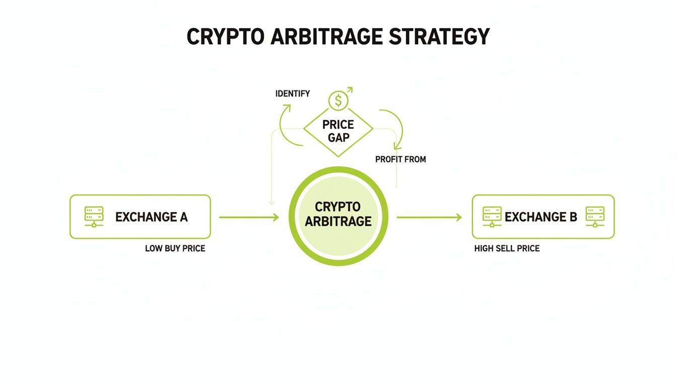 Flowchart illustrating a crypto arbitrage strategy, identifying price gaps for trading between exchanges.