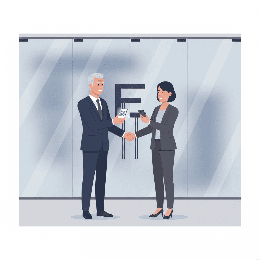 Senior executives exchanging a digital business card via smartphone QR scan in a modern corporate networking environment.