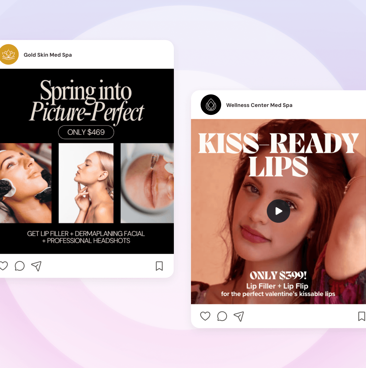 Med spa premium social media ad examples promoting lip filler and facial treatment packages