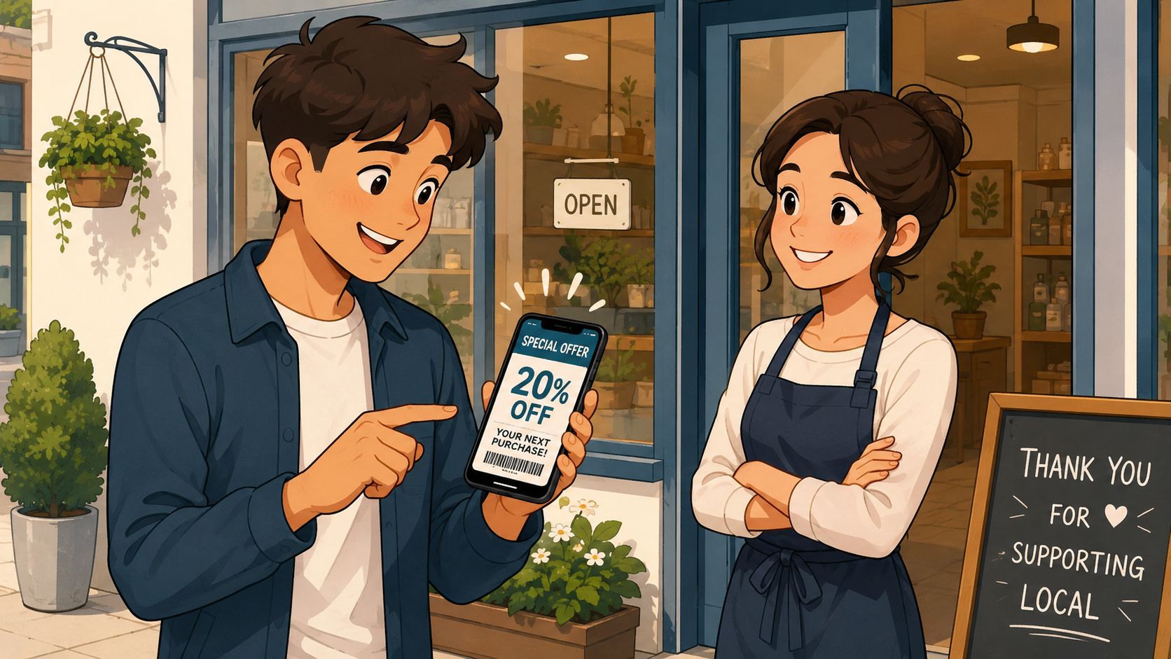 Ilustración de un cliente recibiendo una promoción en su teléfono móvil frente a la dueña de una tienda.