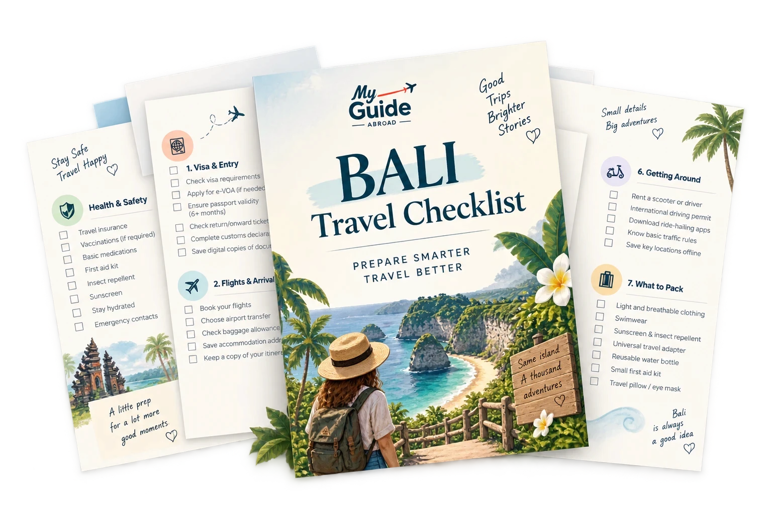 The My Guide Abroad Bali Travel Checklist, shown as a fan of printed pages