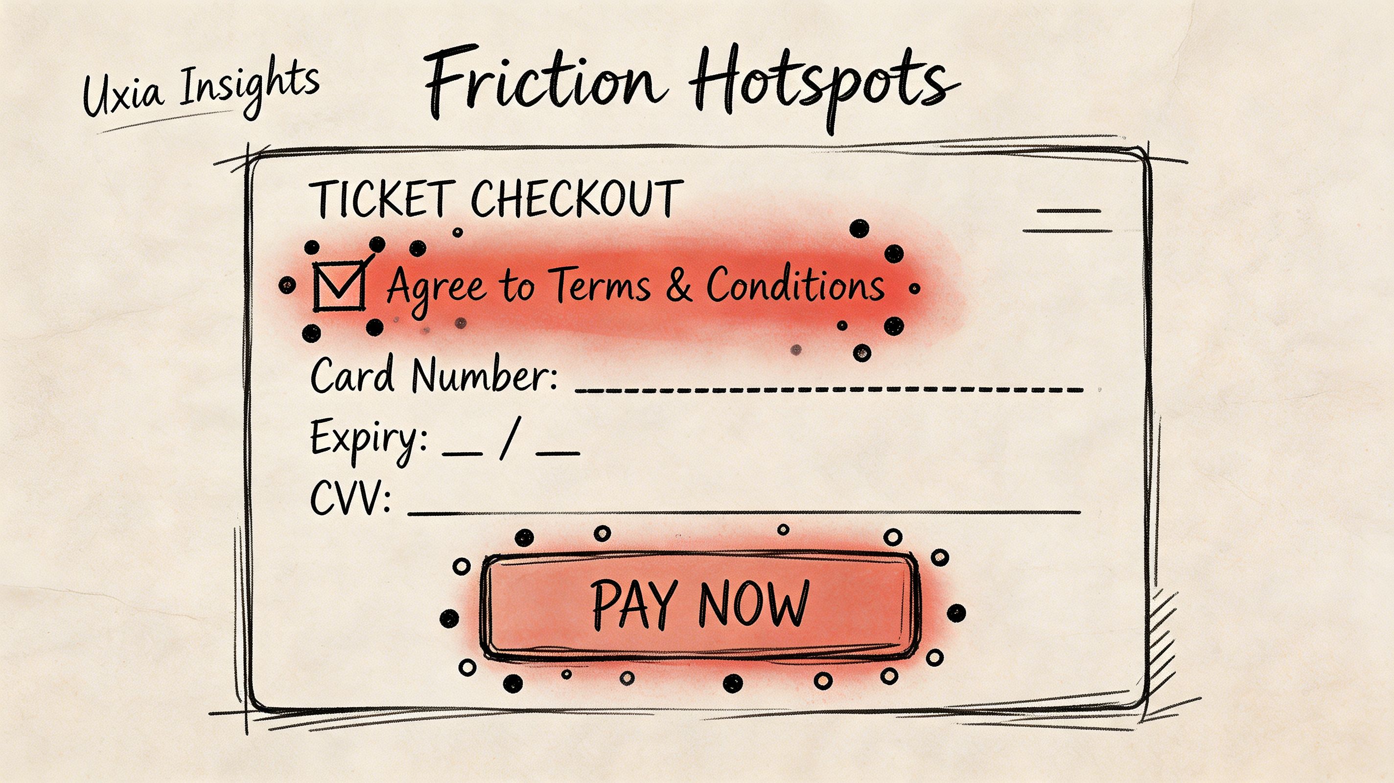 A hand-drawn illustration depicting common user experience friction hotspots during a ticket checkout payment process.