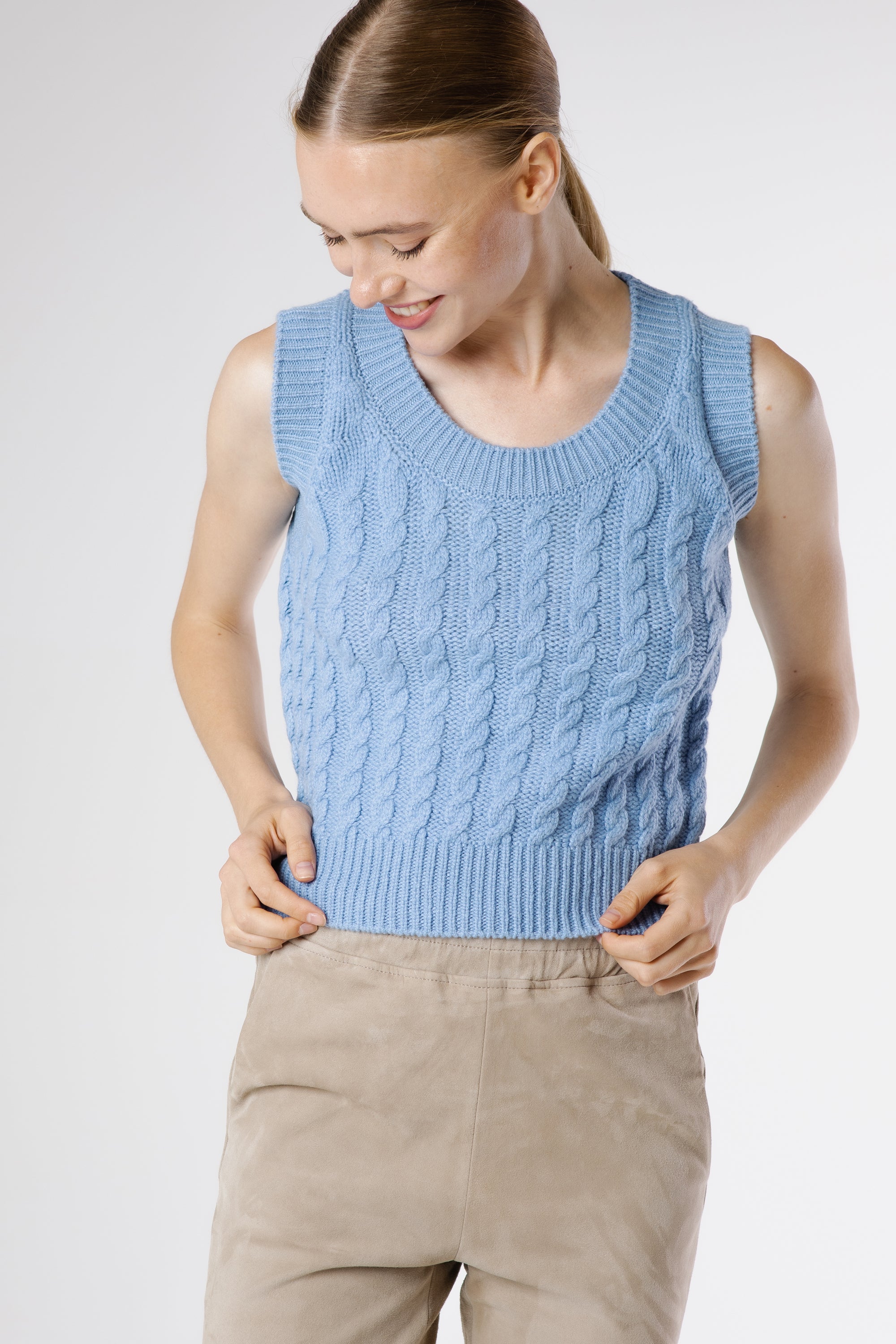 Front view of Bella Cashmere Top Egyptian Blue in vibrant blue Italian cashmere with refined cable knit texture.