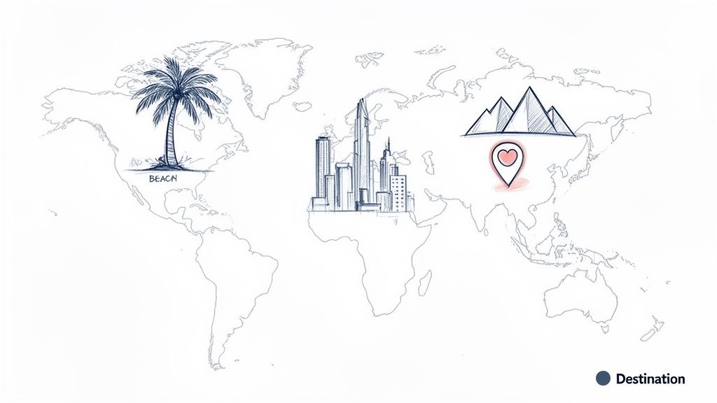 A world map illustrating popular travel destinations: a beach, a city, and mountains.
