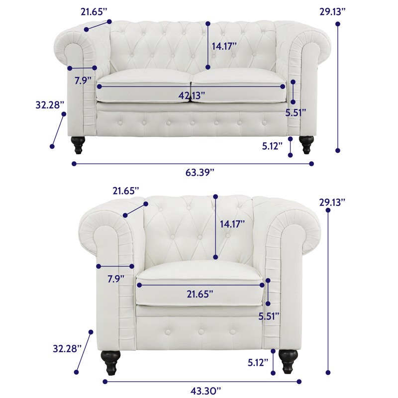 Arlis 2-piece living room set with a luxurious Chesterfield sofa and matching armchair, offering comfort and timeless style.