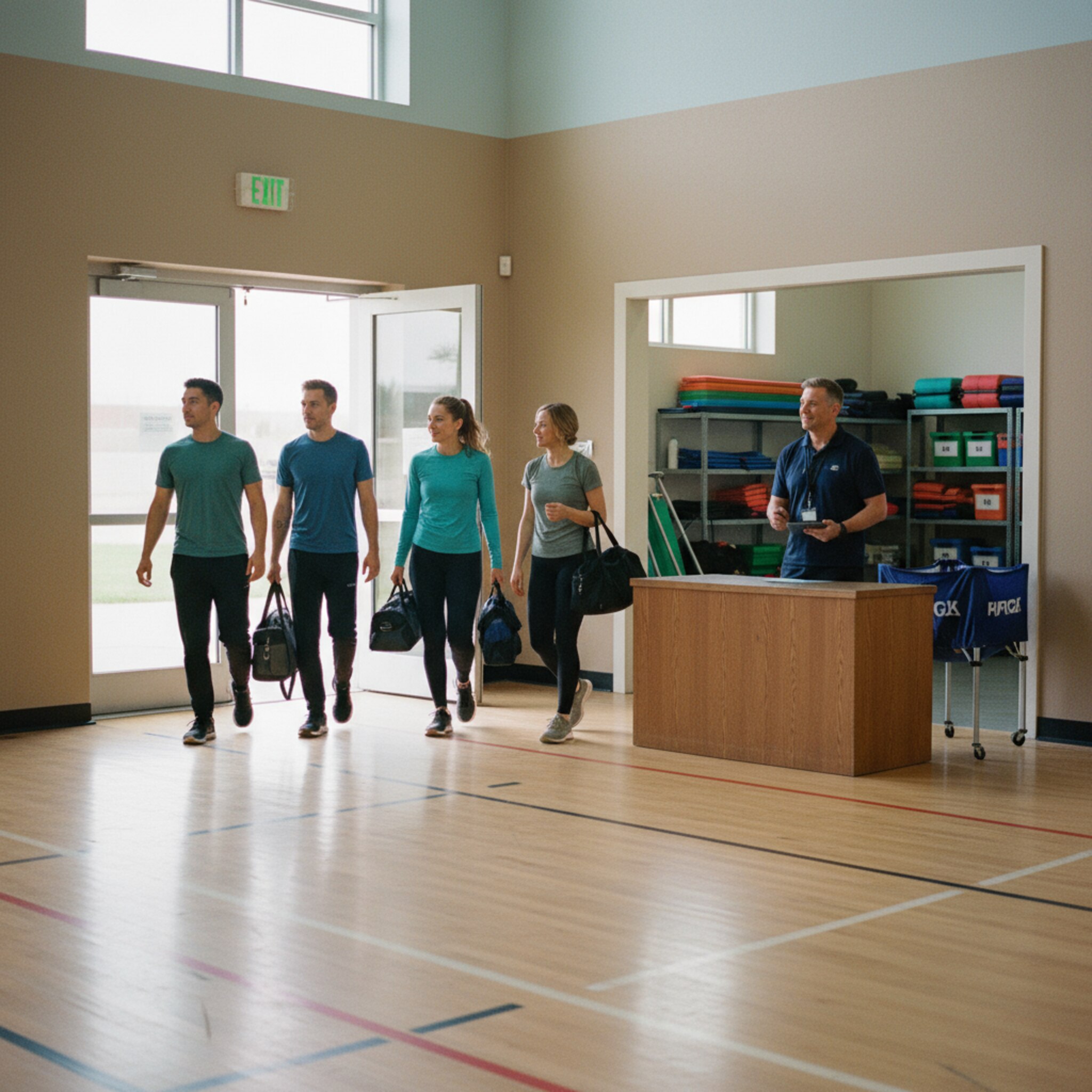 Eine Gruppe betritt nacheinander die Halle, die Tür fällt leise ins Schloss. Eine Aufsicht begrüßt sie und prüft diskret die Anwesenheit. Im Geräteraum sind Netze und Matten ordentlich nach Bereichen sortiert. Die Atmosphäre wirkt sicher, kontrolliert und ruhig.