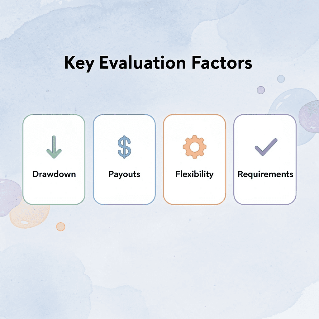 Infographic showing four key factors for evaluating prop trading firms