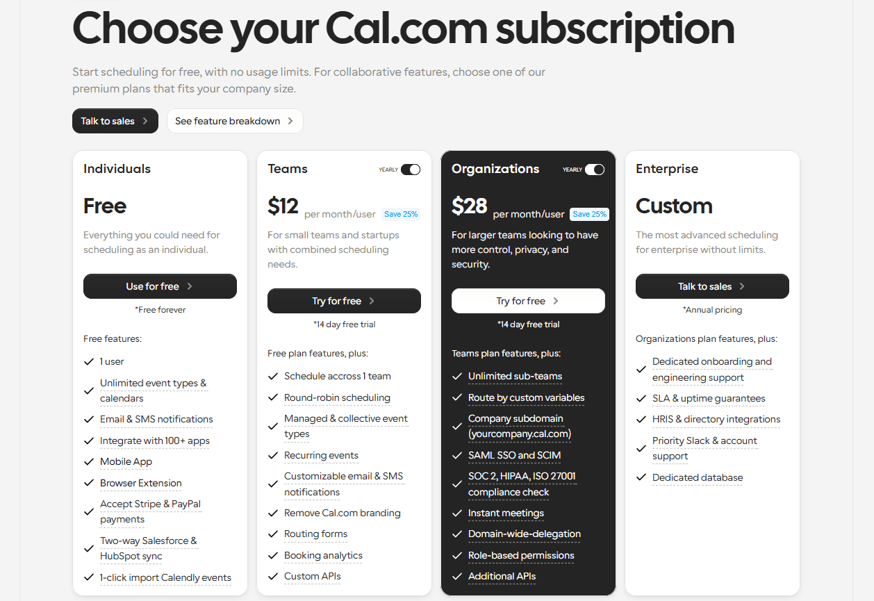 Choose your Cal.com subscription