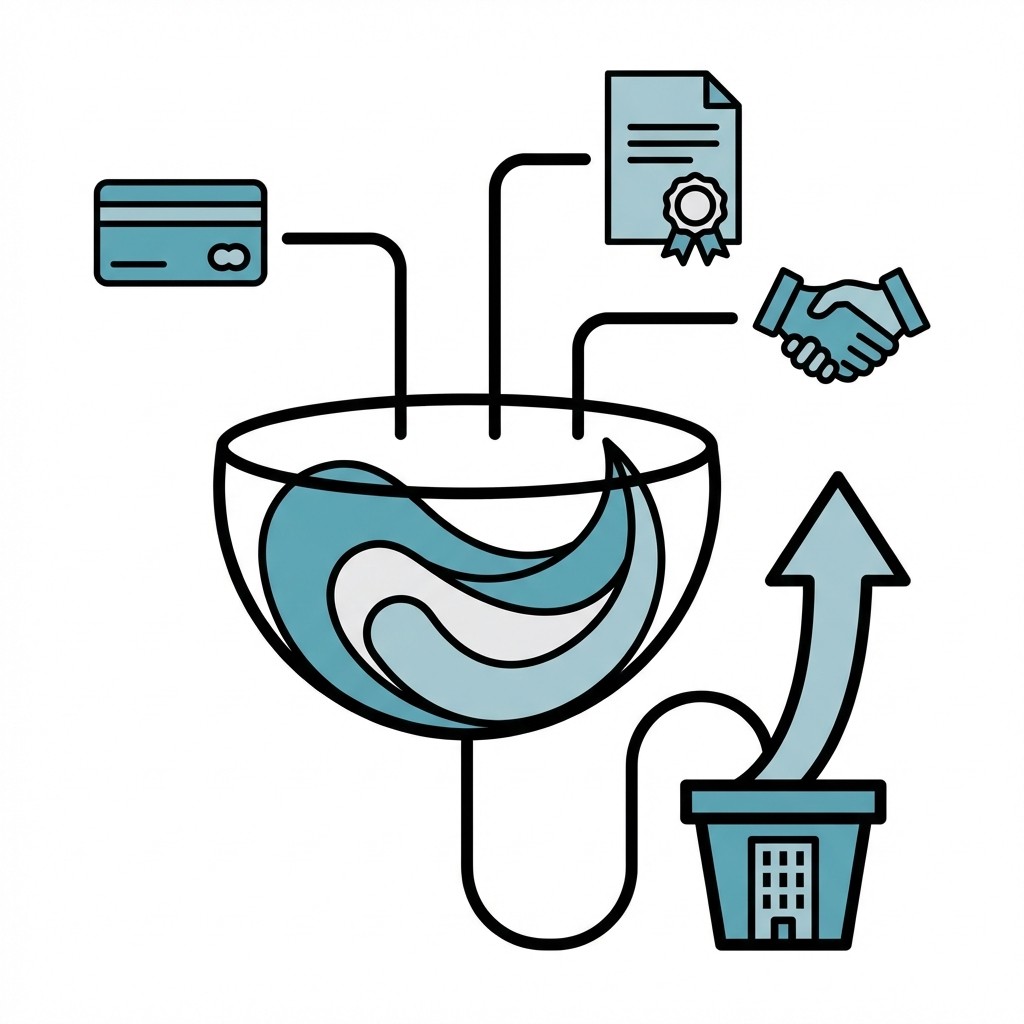 Grafik: Kreditkarte, Vertrag und Handschlag fließen in eine Schale, was zum Wachstum eines Unternehmens führt.