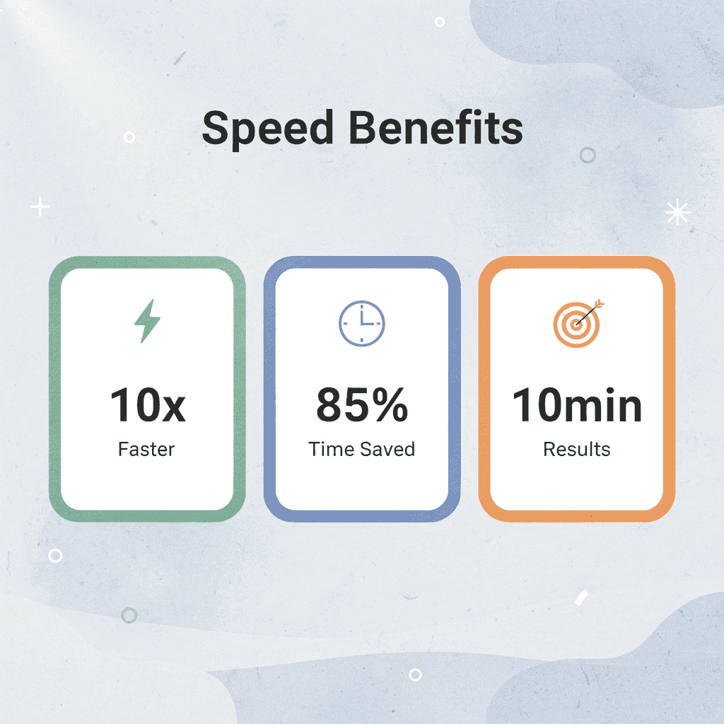 Infographic showing speed benefits with 10x faster processing, 85% time saved, and 10-minute results - Best Tool to Chat With Documents