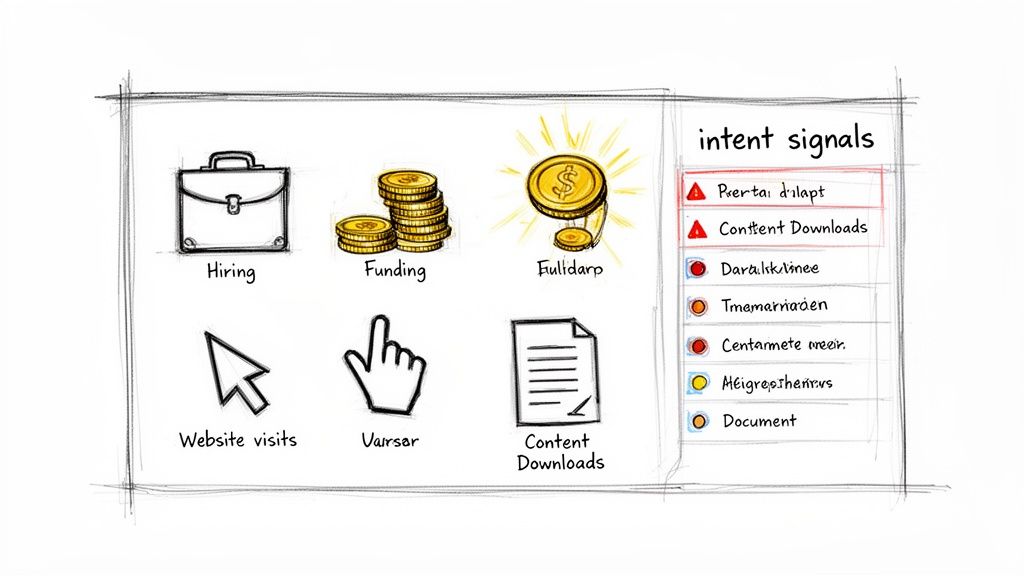 A sketch of a dashboard displaying business intent signals like hiring, funding, website visits, and content downloads.