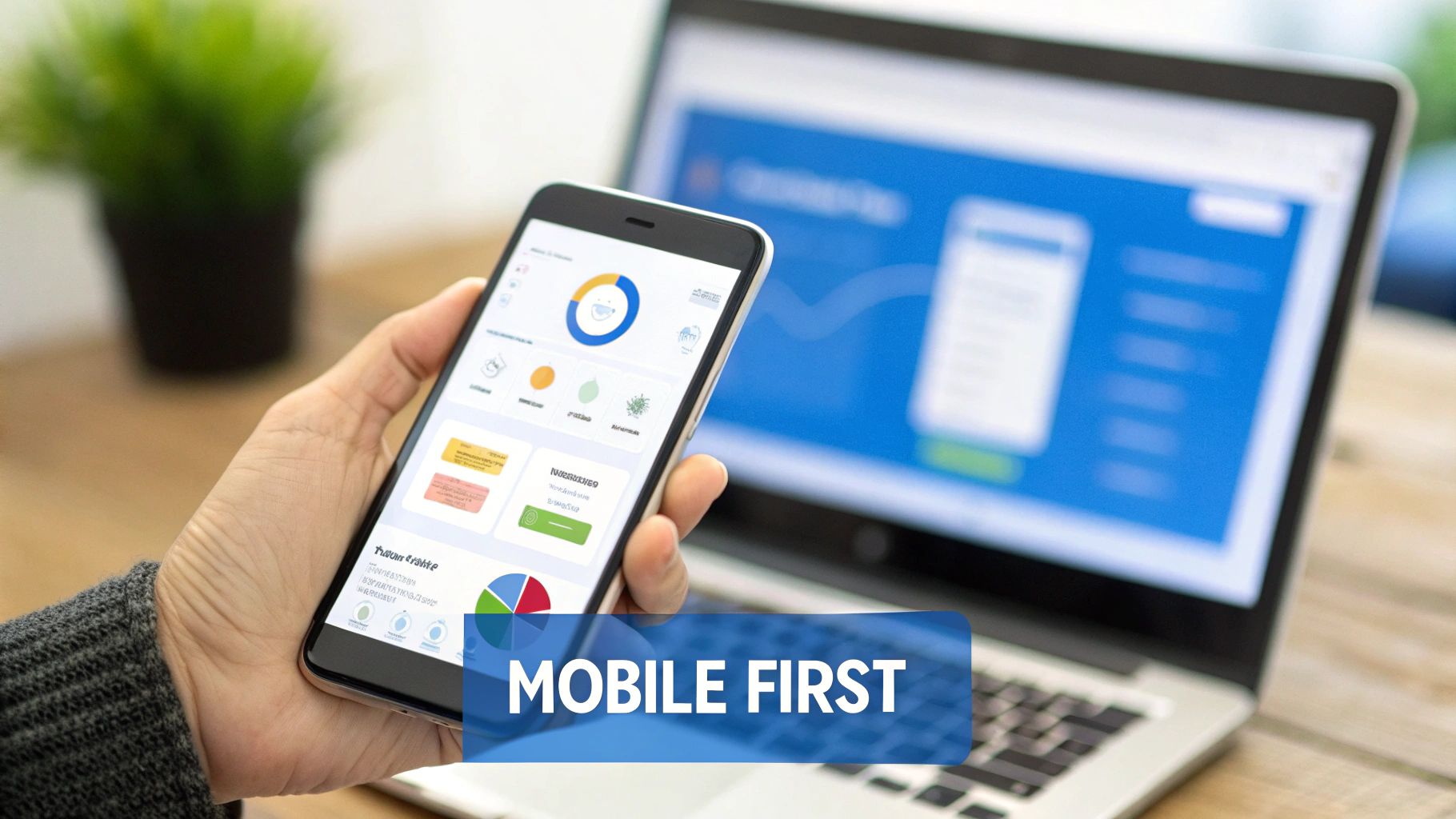 Hand holding a smartphone displaying data charts and graphs, with a laptop screen in the background.
