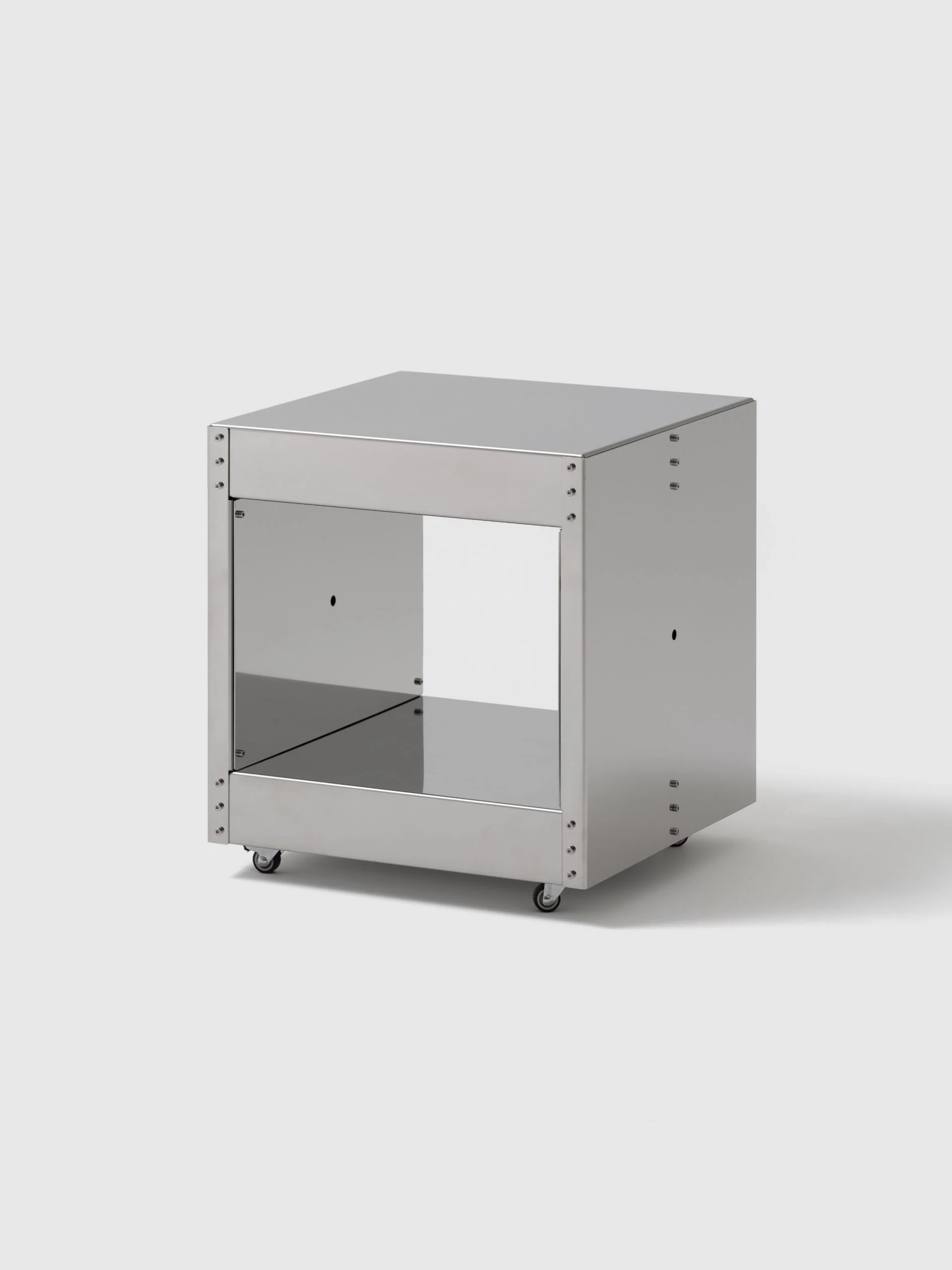 NM3 NM23 small trolley, open cube of dry-assembled stainless steel box sections