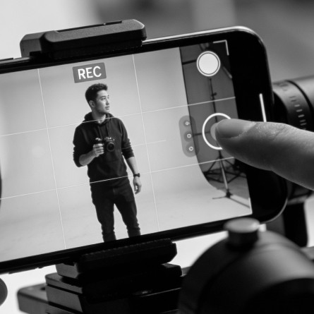 Closeup of a smartphone mounted on a rig