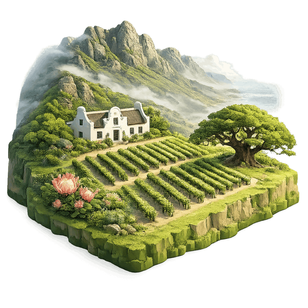 Artistic illustration of the Constantia wine region.