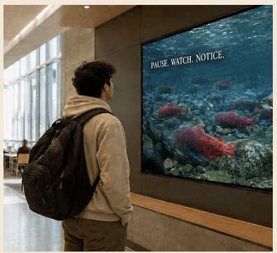 A person watching salmon on a large indoor screen