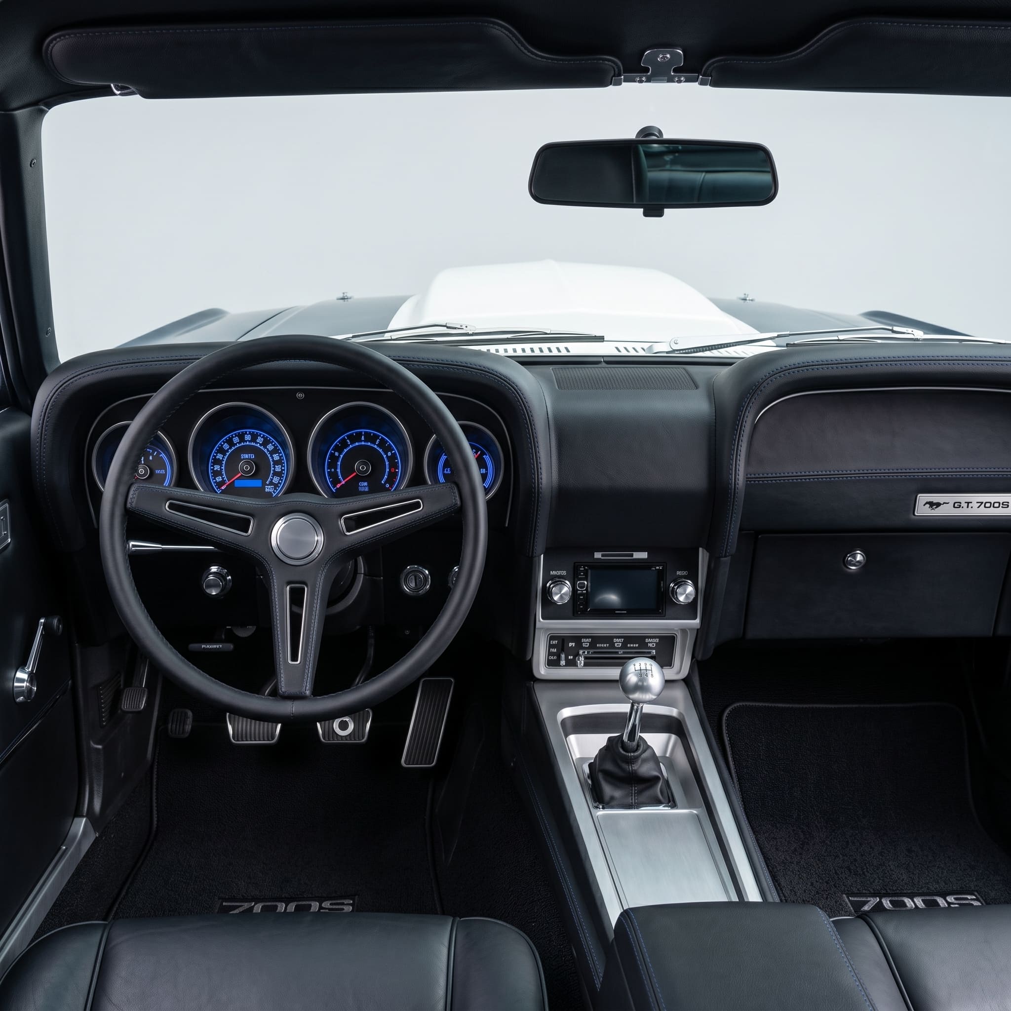 Clean ,polished interior of a mustang car.