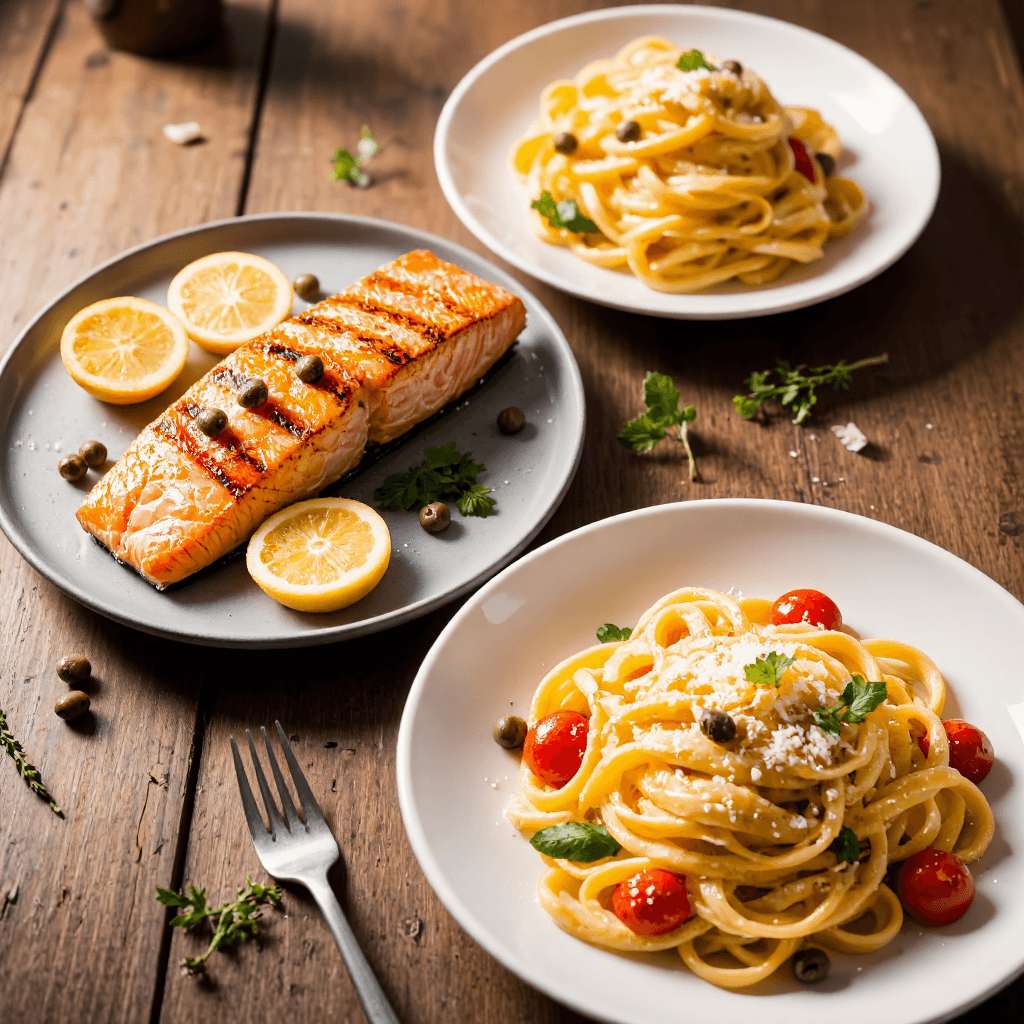product photography of plate of salmon with lemon and capers, and a plate of pasta