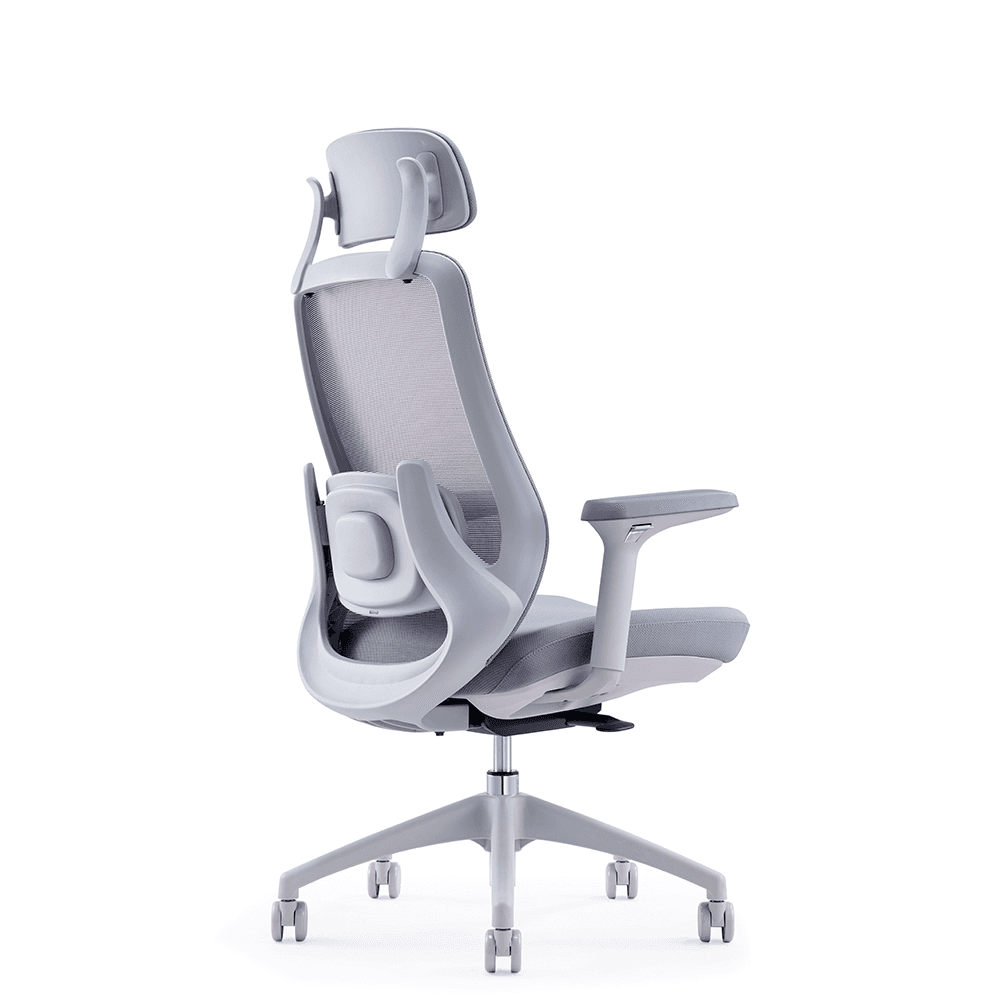 Ergonomic high-back mesh office chair with adjustable headrest and lumbar support, side view