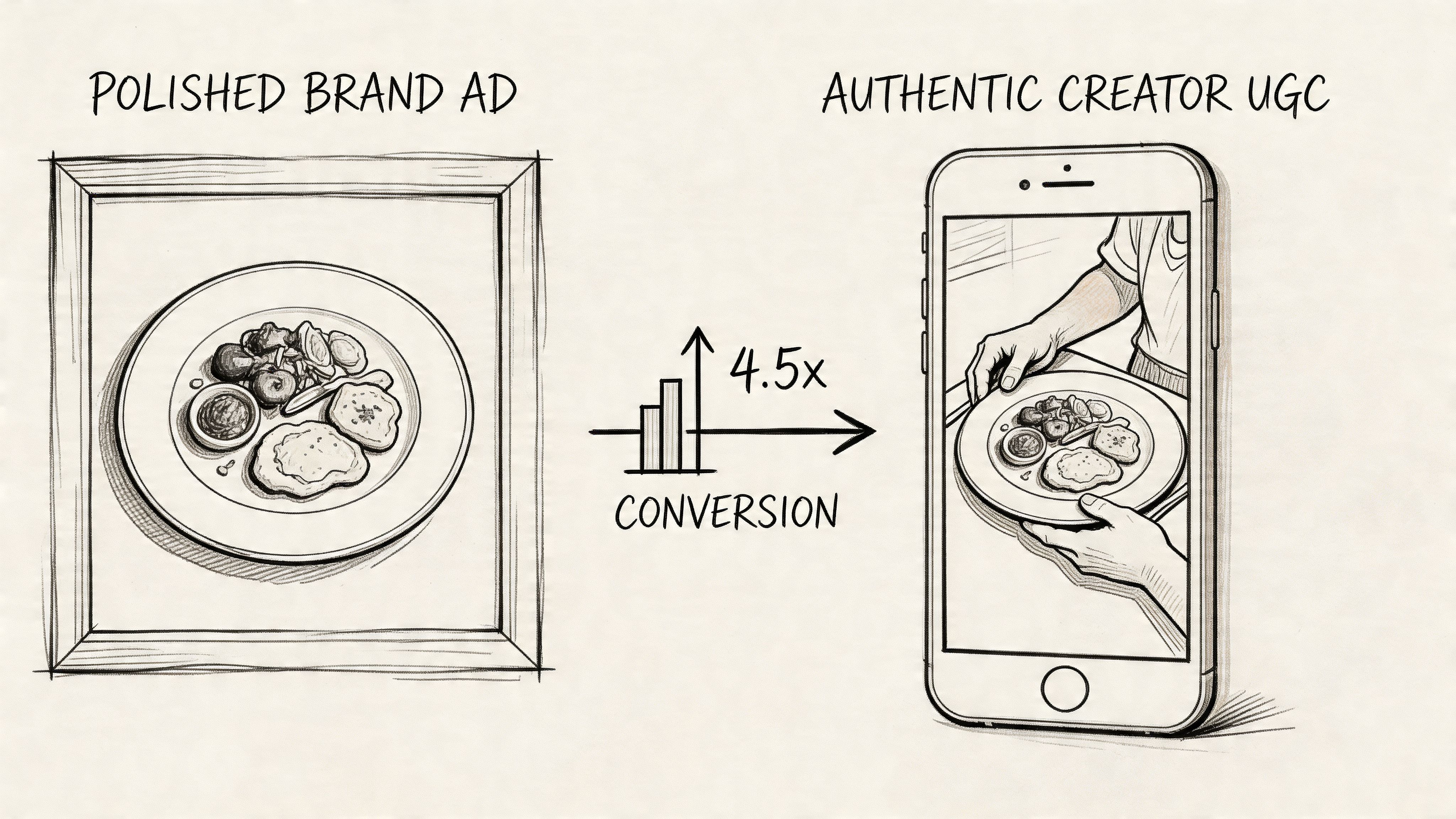 A hand-drawn illustration comparing a polished professional brand ad to authentic user-generated content showing higher conversions.
