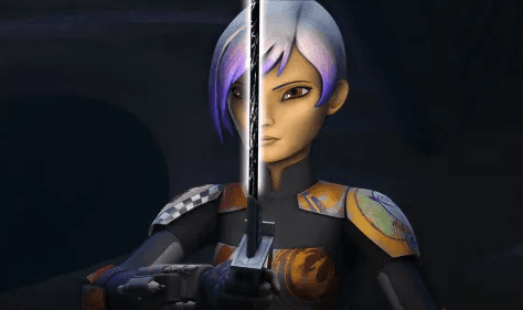 Sabine Wren with graffiti covered Mandalorian armor holding the Darksaber