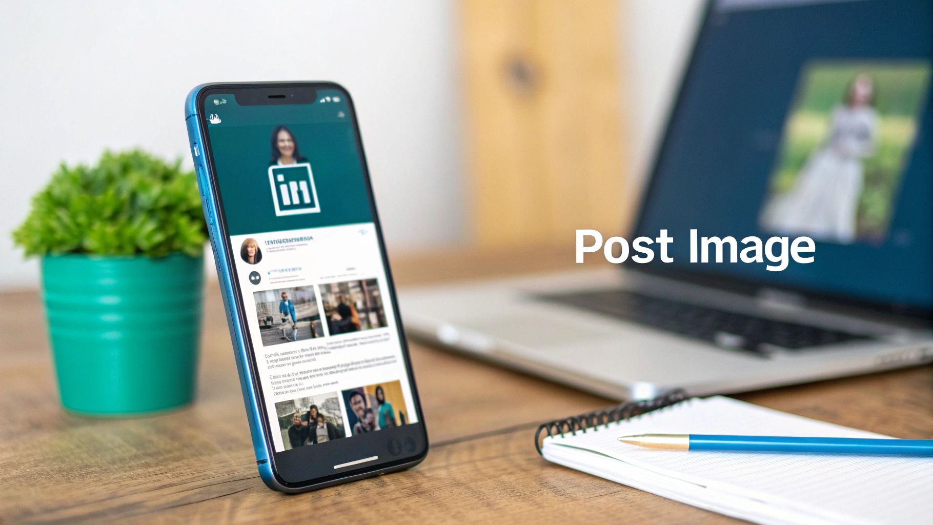 A smartphone displaying the LinkedIn app on a wooden desk next to a laptop and plant.