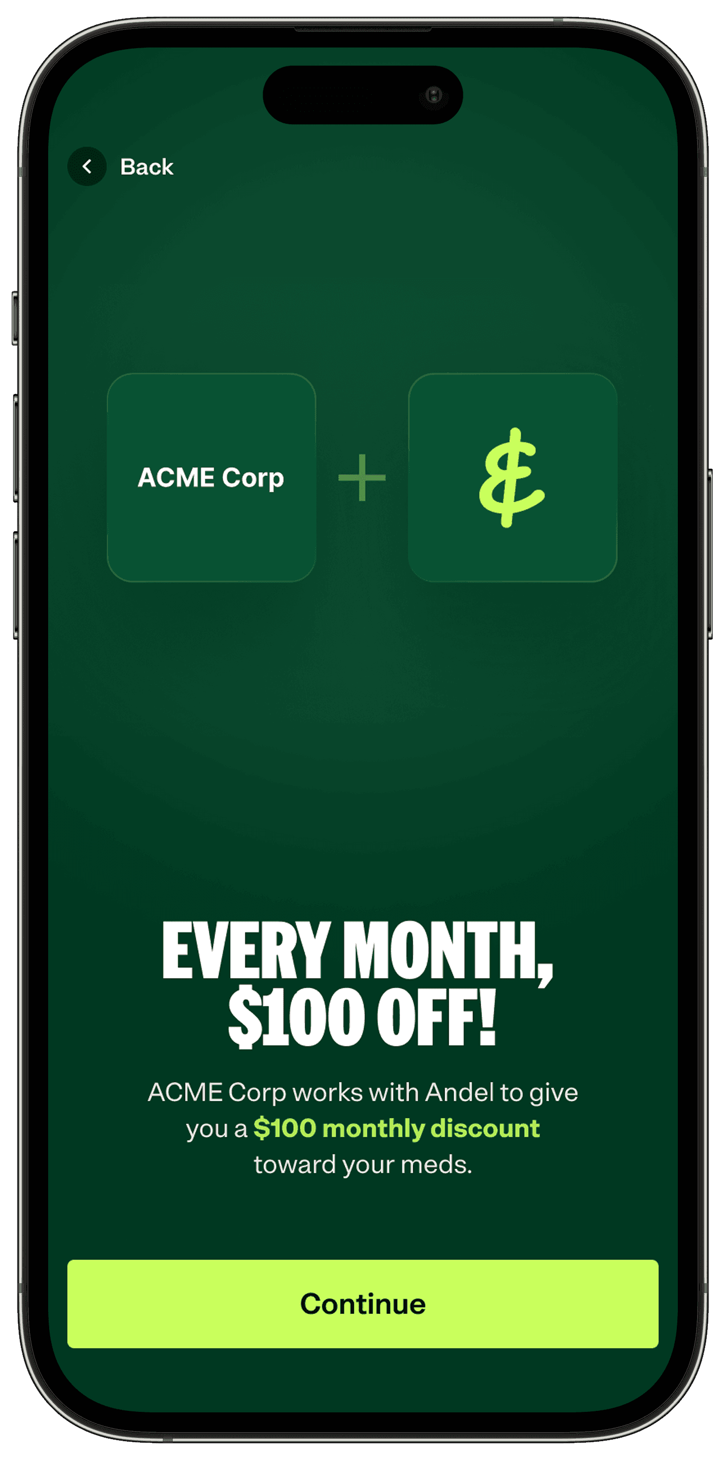 Promotional mobile pop-up with green background and falling confetti showing Dunder Mifflin logo plus a dollar icon, offering “Every month, $50 off” and a $50 monthly discount toward GLP-1 medications, with a “Continue” button at the bottom.