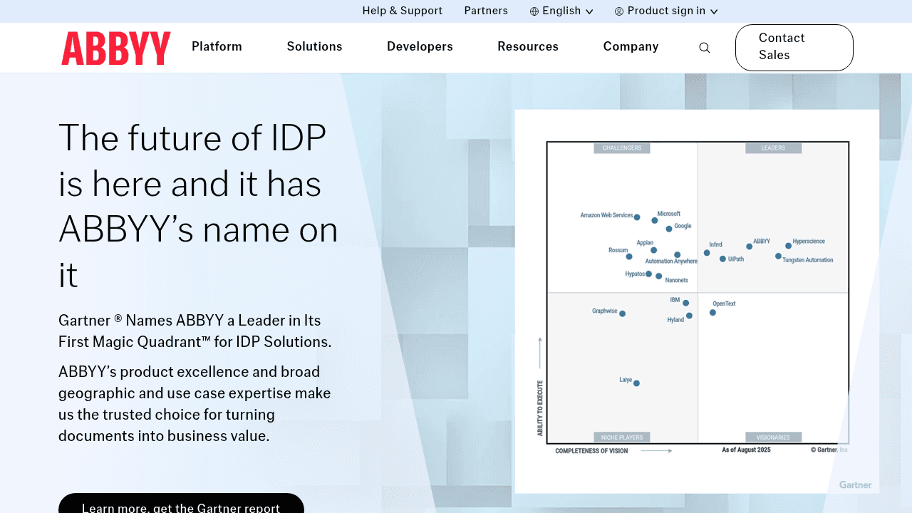 ABBYY homepage screenshot showing intelligent document processing platform features and solutions for business automation