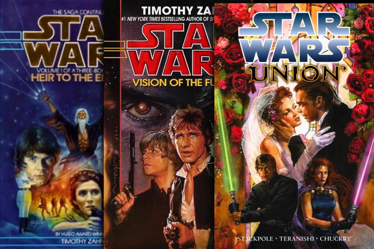 A collage of three Star Wars book covers—“Heir to the Empire,” “Vision of the Future,” and “Union”—representing key moments in Mara Jade and Luke Skywalker’s relationship. The first cover introduces Mara Jade as an adversary of Luke, the second shows their growing alliance and trust, and the third features their wedding, marking their transformation from enemies to partners. The evolving imagery highlights their journey through the Expanded Universe.