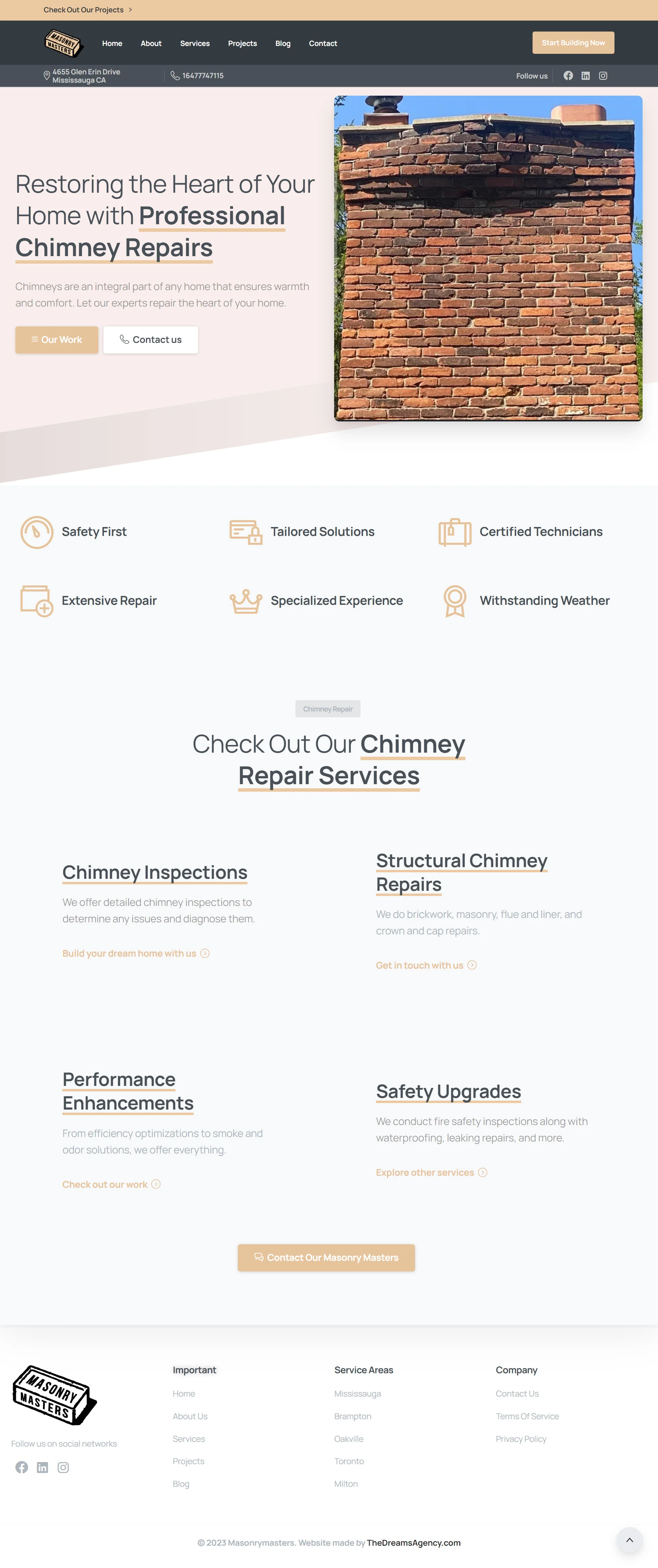 Chimney page for Masonry Masters website developed & designed by Dreams Agency Mississauga, Ontario