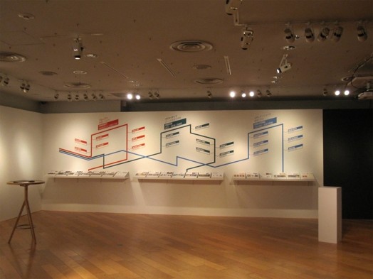 exhibition view with posters neat the wall and vinyl graphs installed on the wall