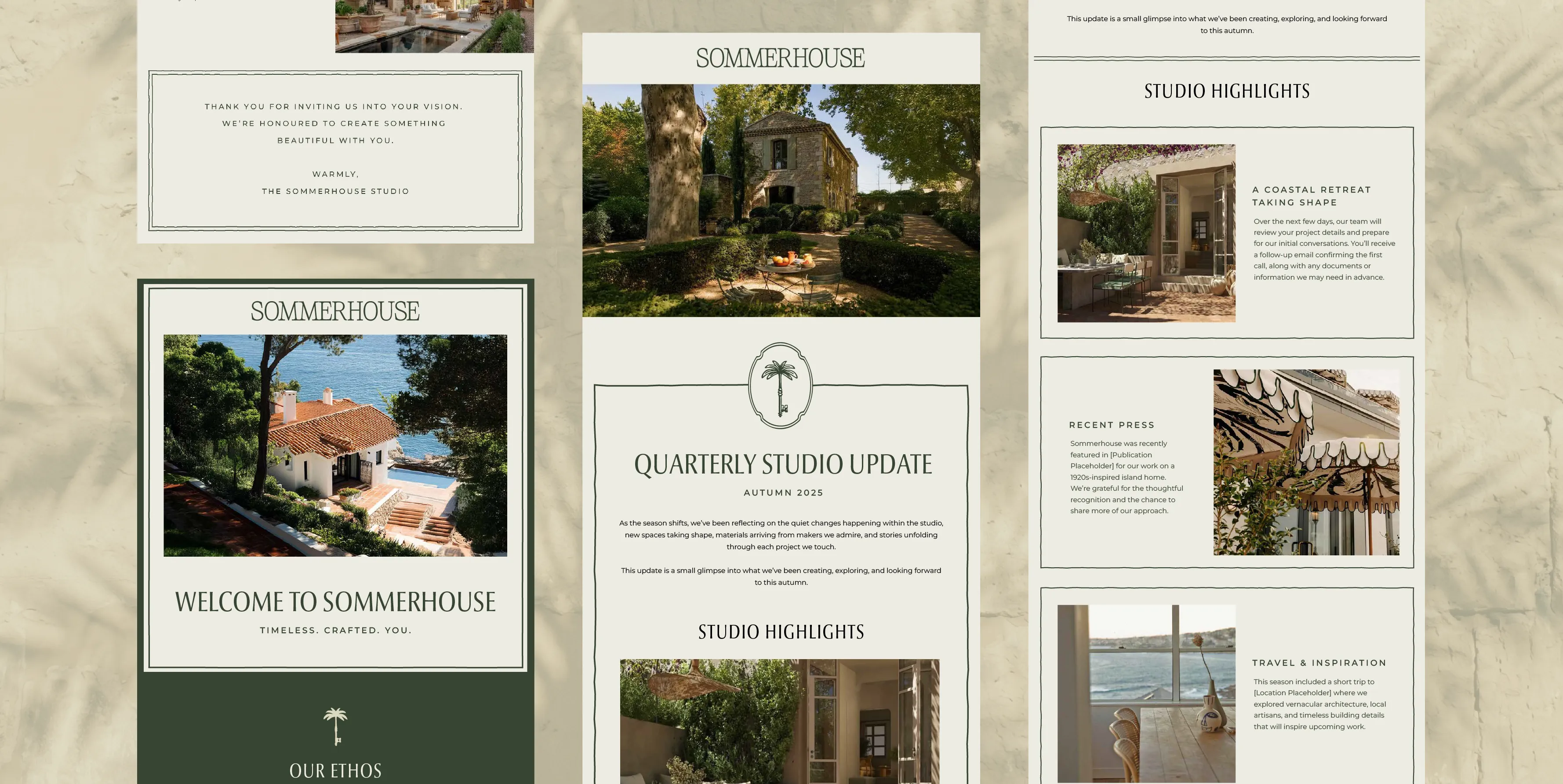 A raised ink printing of the wordmark 'Sommerhouse' on a sage green card background.