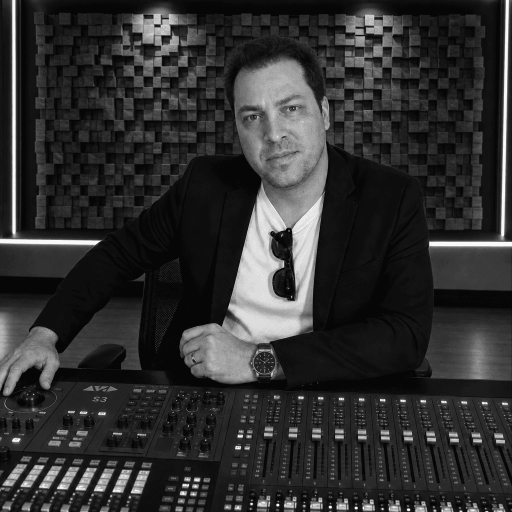 Music producer sitting in his studio