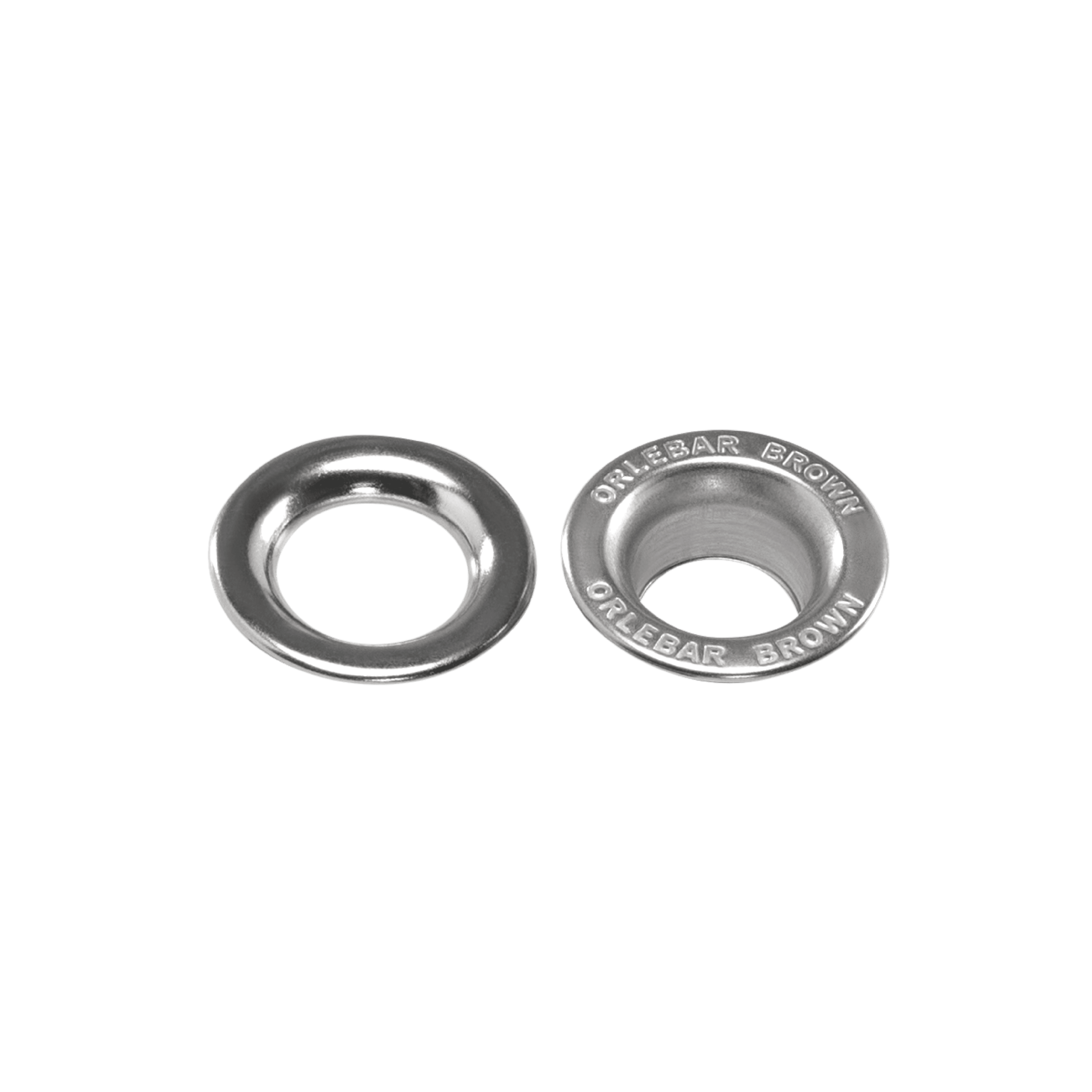 Pair of branded 316 stainless steel eyelets engraved with ‘Orlebar Brown’ — rust-resistant marine-grade finish for float hardware.