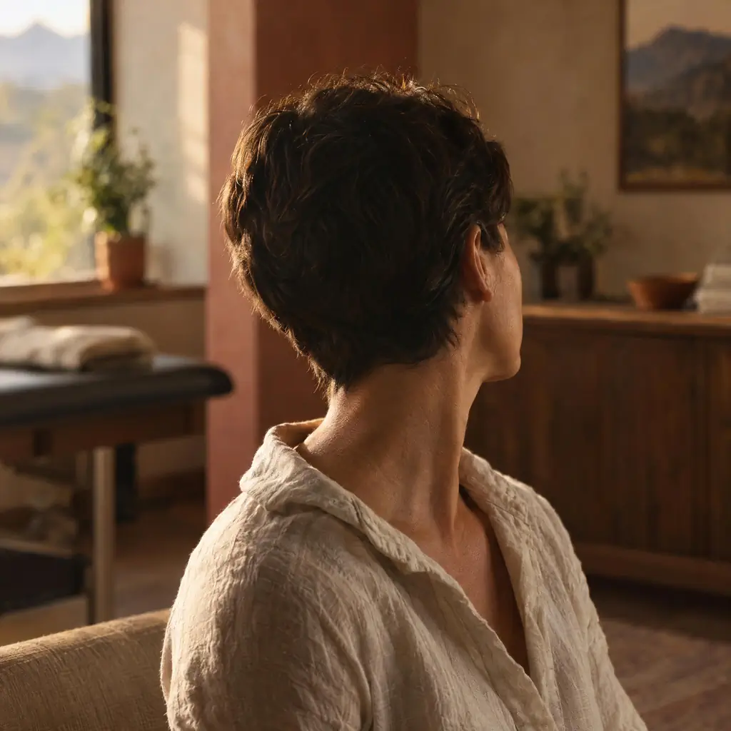 Person in a linen shirt slowly turning the head to ease neck stiffness