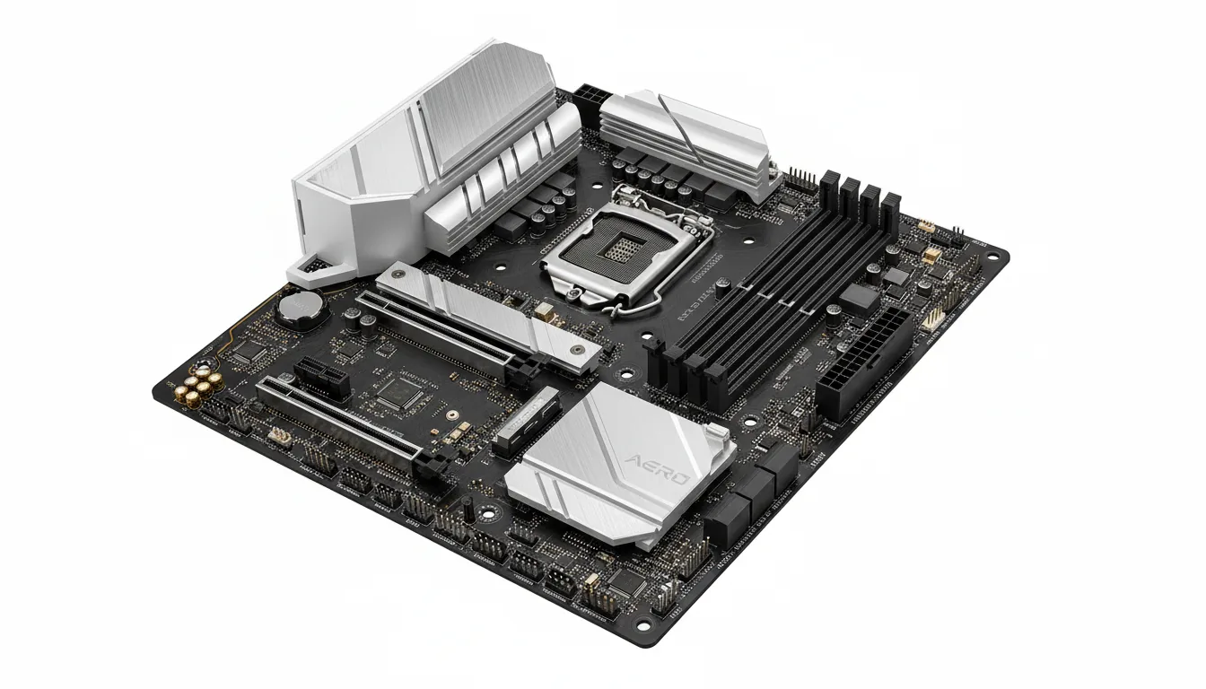DSLR product photograph of a high-end Gigabyte AERO workstation motherboard, captured from a three-quarters angle and isolated against a clean, solid white background. The image has soft studio lighting that evenly illuminates the components, highlighting the textures without harsh shadows. The design features a matte black PCB with prominent, large heatsinks and shrouds made from brushed silver aluminum and matte white material, creating a clean, minimalist aesthetic. The central CPU socket, multiple RAM slots, and PCIe slots are all in tack-sharp focus, showcasing intricate details.
