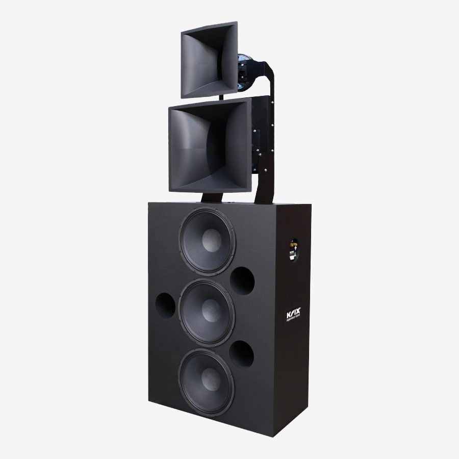 Black speaker with three woofers and two horns.