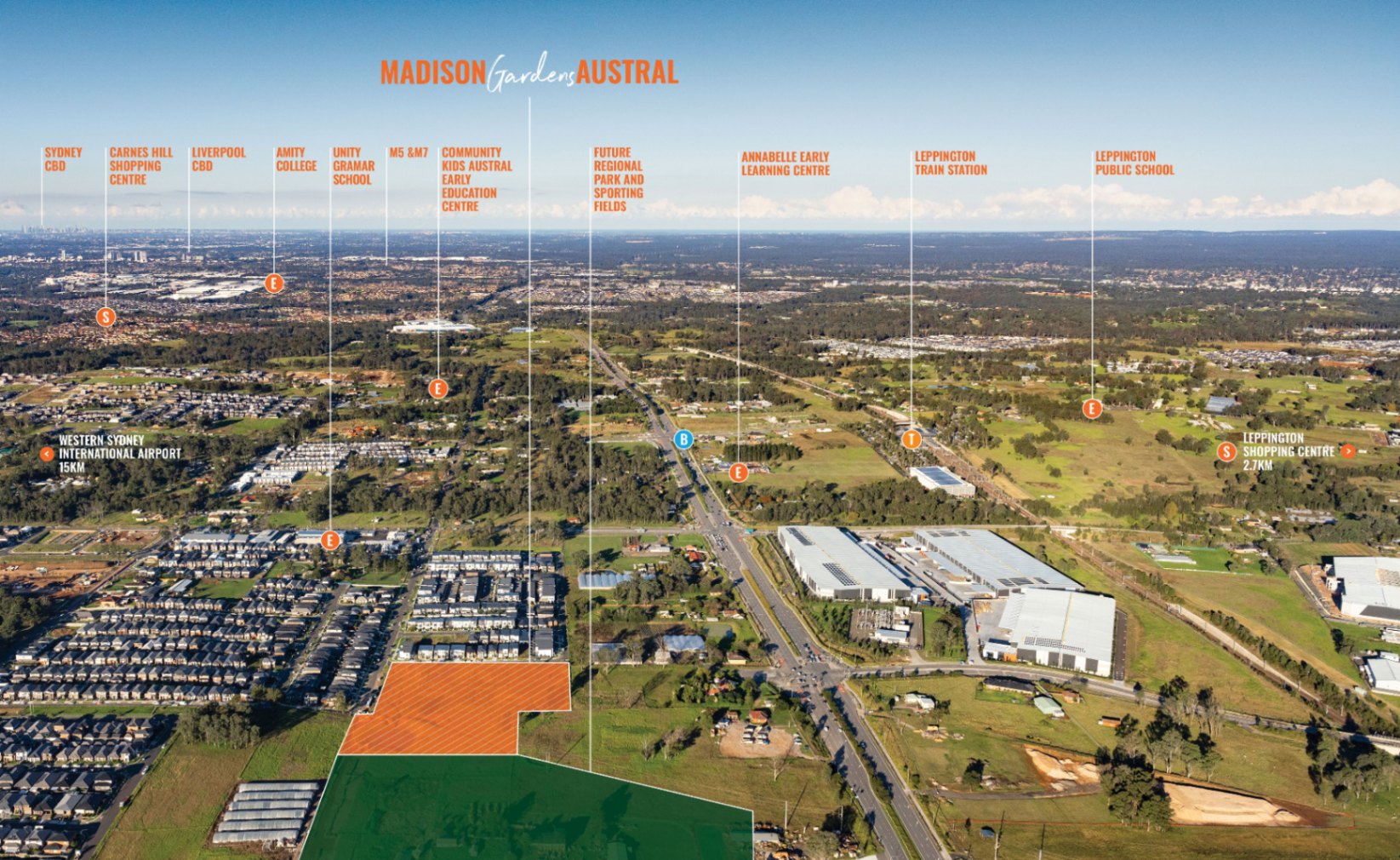 Aerial map of Madison Gardens Austral showing proximity to Leppington, schools, transport, and Western Sydney Airport